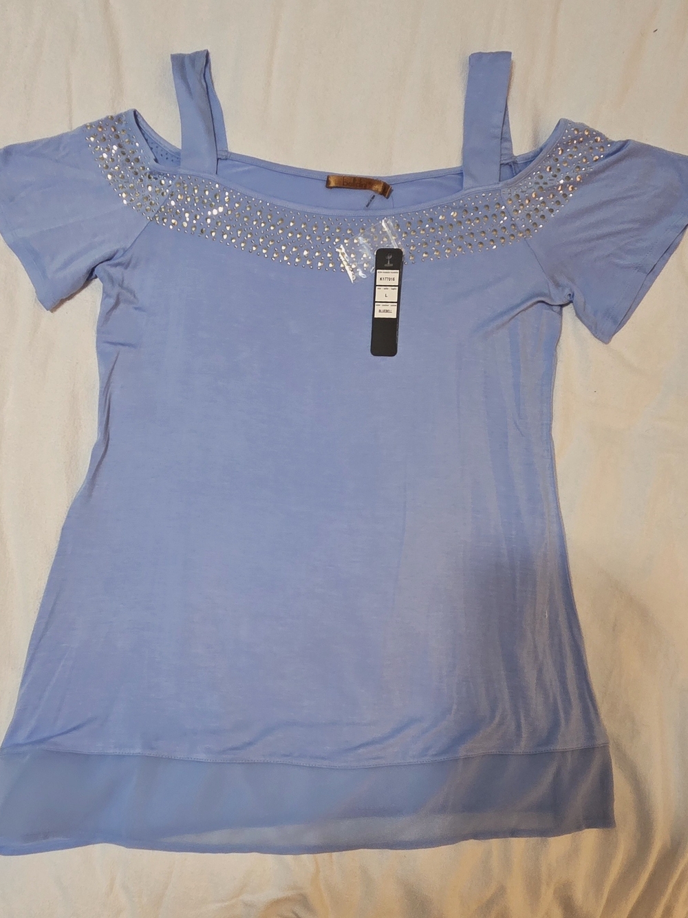 Belldini Light Blue Cold-Shoulder Rhinestone Top